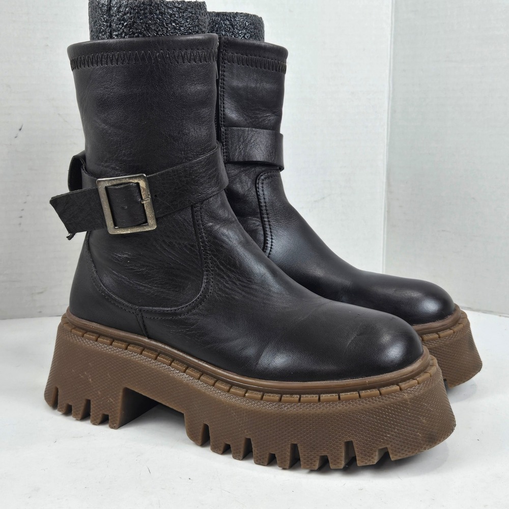 Steve Madden Everly Platform Lug Sole Leather Moto Boots Brown 6M Y2K Chunky VGC